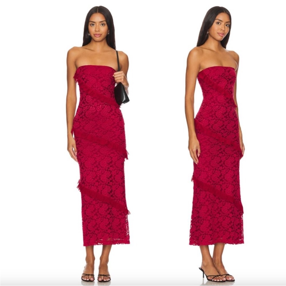 More To Come Xandra Red Lace Ruffle Stretch Midi Strapless Dress size medium - Picture 2 of 9